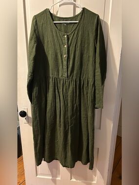 Simply Grey Olive Green Long Sleeve Button-Front Midi Dress